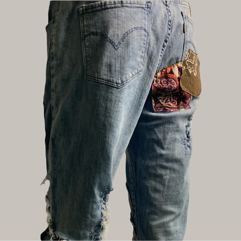 Homemade Patched Up Upcycled Blue Denim Cutoff Shorts - Picture 11 of 13